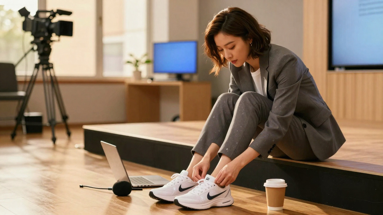 Mulher sentada amarrando tênis branco, com laptop e copo de café ao lado, em ambiente interno.