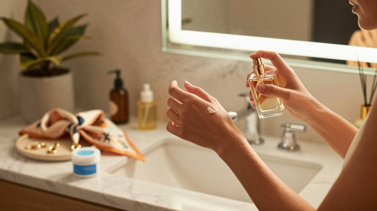 Pessoa aplicando perfume nas mãos em banheiro com pia e itens de cuidado pessoal ao redor.