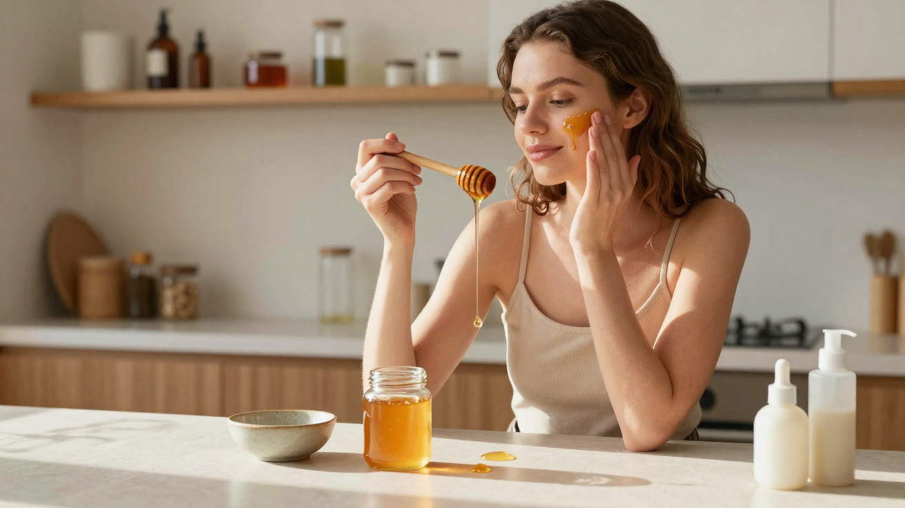 Mulher aplicando mel no rosto na cozinha, com frascos de cosméticos ao lado.