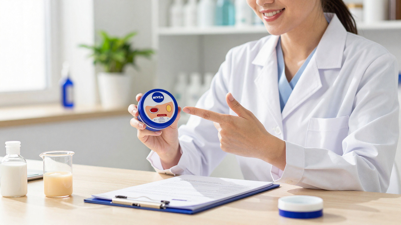 Mulher de jaleco branco apontando para pote de creme Nivea em mesa com documentos e frascos.