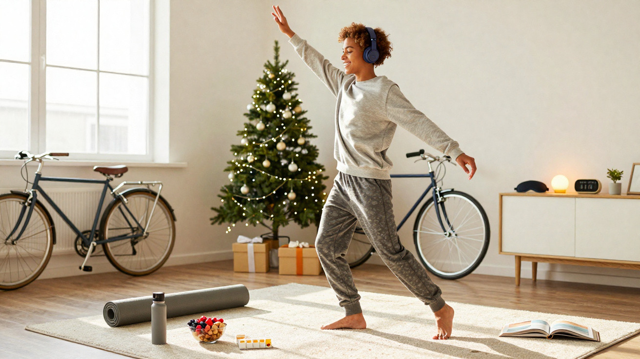 Pessoa jovem ouvindo música com fones, dançando em casa decorada com árvore de Natal e bicicletas ao fundo.