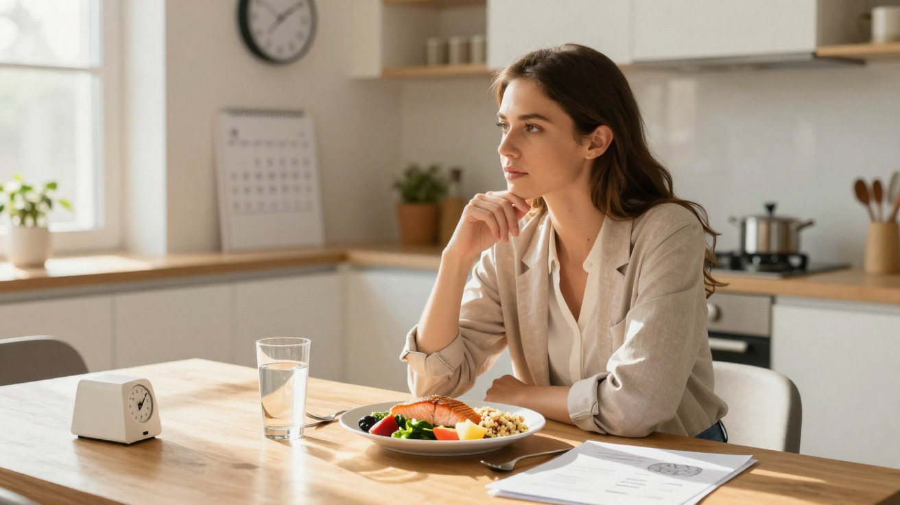 Jovem mulher sentada à mesa da cozinha com prato de comida saudável, olhando pensativa para o lado.