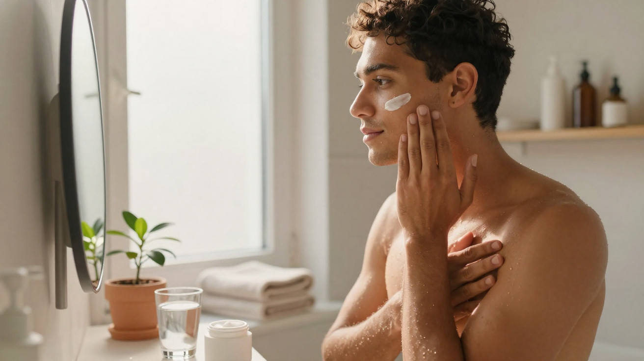 Homem aplicando creme facial no rosto em frente ao espelho no banheiro.