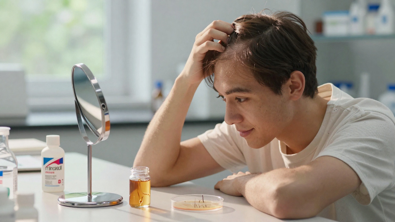 Homem observando fios de cabelo em placa de Petri, espelho e frasco de líquido em mesa.