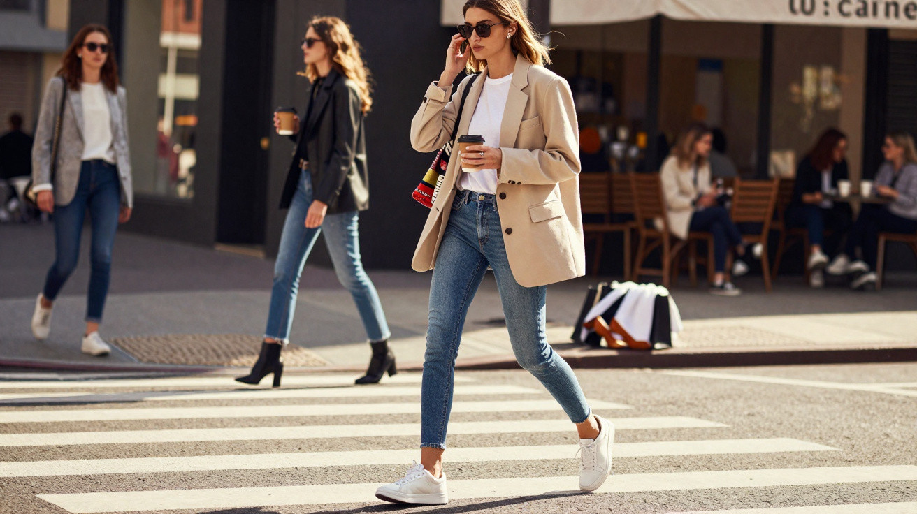 Mulher de blazer bege, jeans e tênis brancos atravessa rua falando no celular e segurando copo de café.