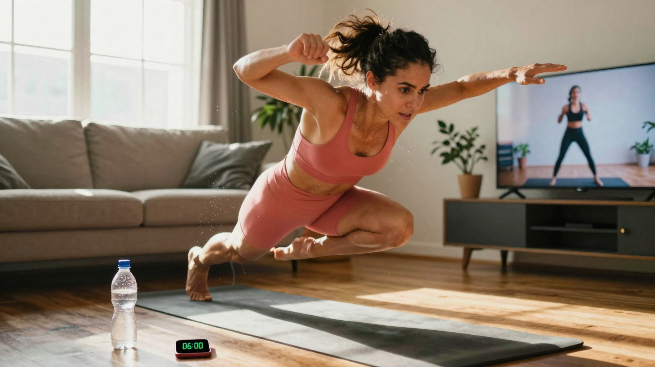Mulher fazendo exercício de salto em tapete de yoga assistindo treino fitness na televisão na sala.