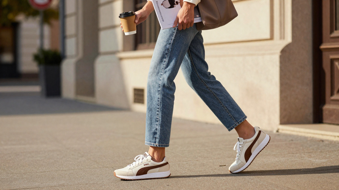 Pessoa caminhando na calçada usando tênis branco e bege, calça jeans e segurando café e bolsa.