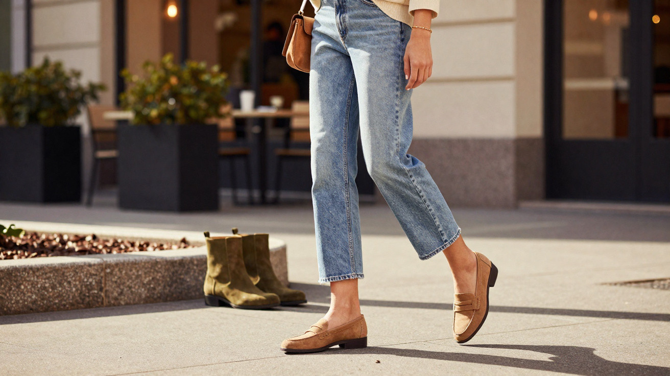 Pessoa vestindo calça jeans e sapatos marrons caminhando em calçada urbana com botas verdes ao fundo.