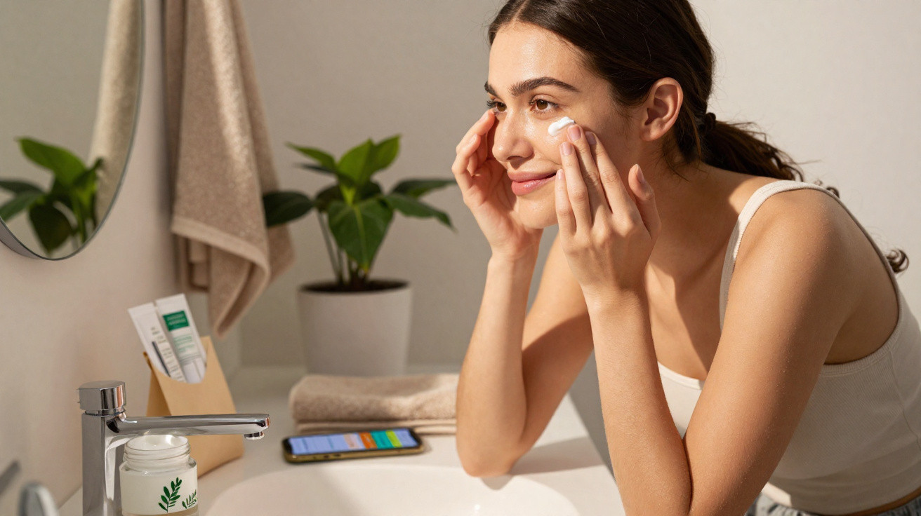 Mulher aplicando creme facial perto da pia em banheiro iluminado e decorado com planta e toalha.