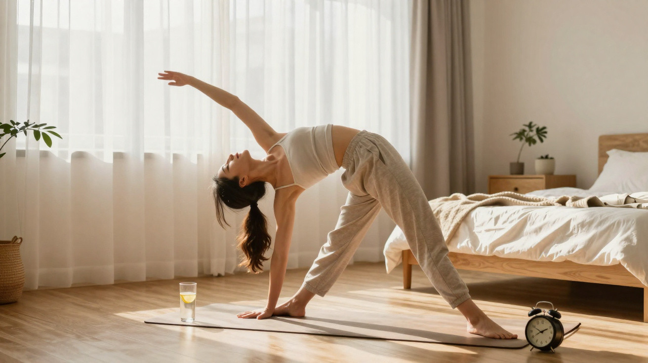 Mulher jovem praticando yoga alongamento em tapete no quarto iluminado, com despertador e copo de água.