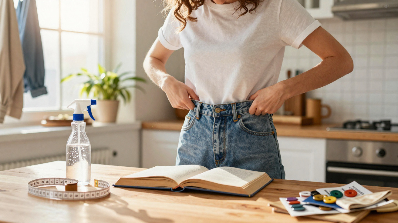 Pessoa ajustando calça jeans na cozinha, com fita métrica, livro aberto e botões sobre a mesa.