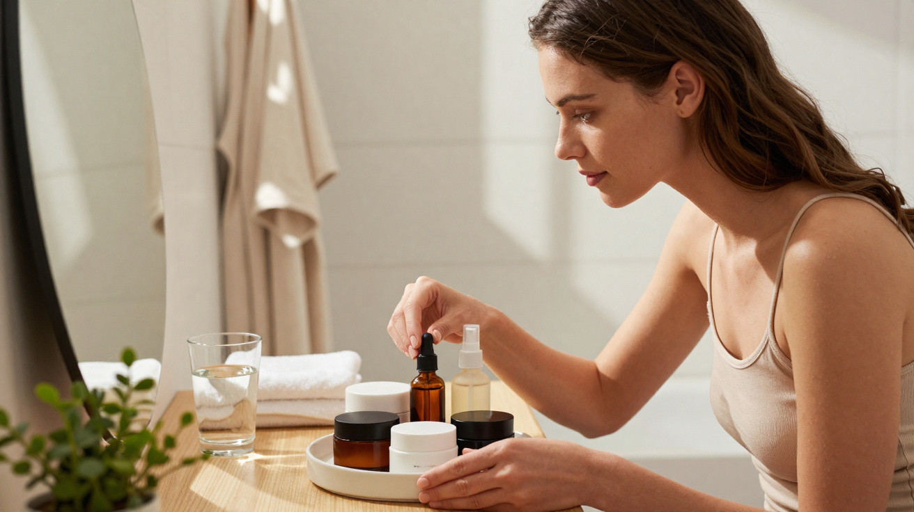 Mulher aplicando produto de pele em um rosto em ambiente claro com frascos sobre a mesa.
