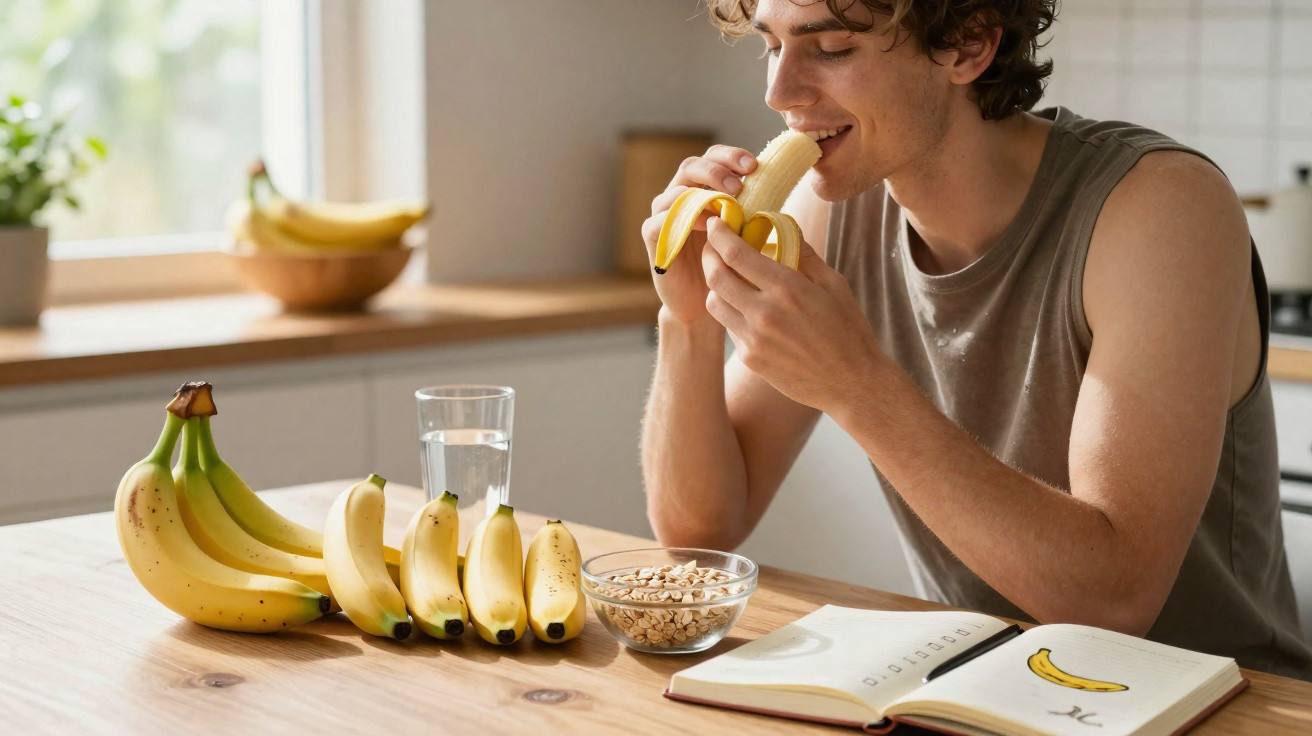 Jovem com camiseta regata comendo banana descascada em mesa com várias bananas, aveia e livro aberto.