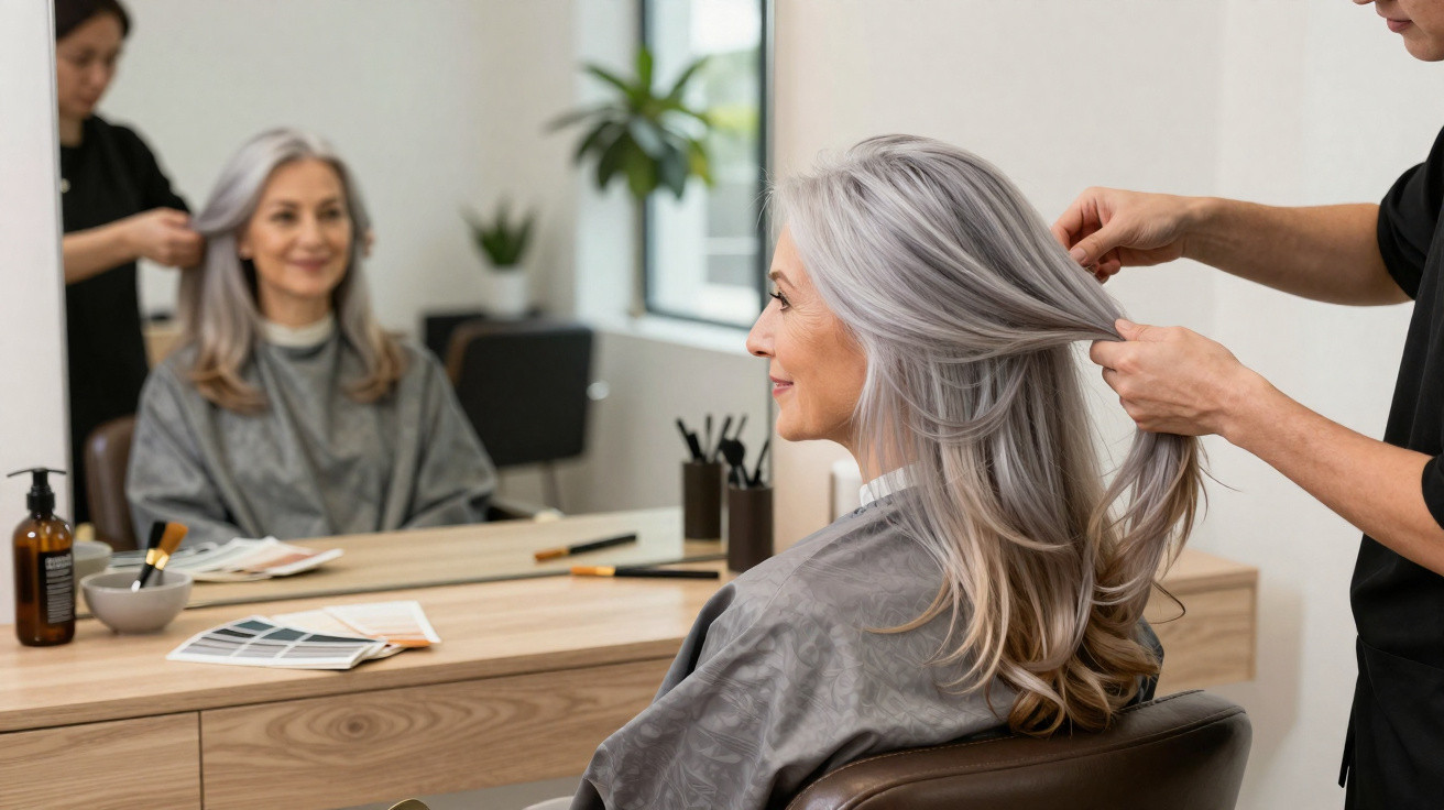 Mulher com cabelos grisalhos sentada em salão de beleza, enquanto cabeleireiro estiliza seu cabelo.