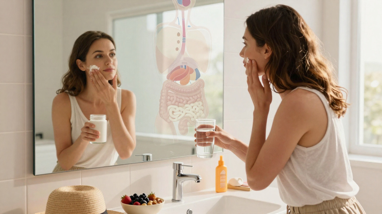 Mulher aplicando creme facial no rosto em frente ao espelho do banheiro, segurando um copo d'água.