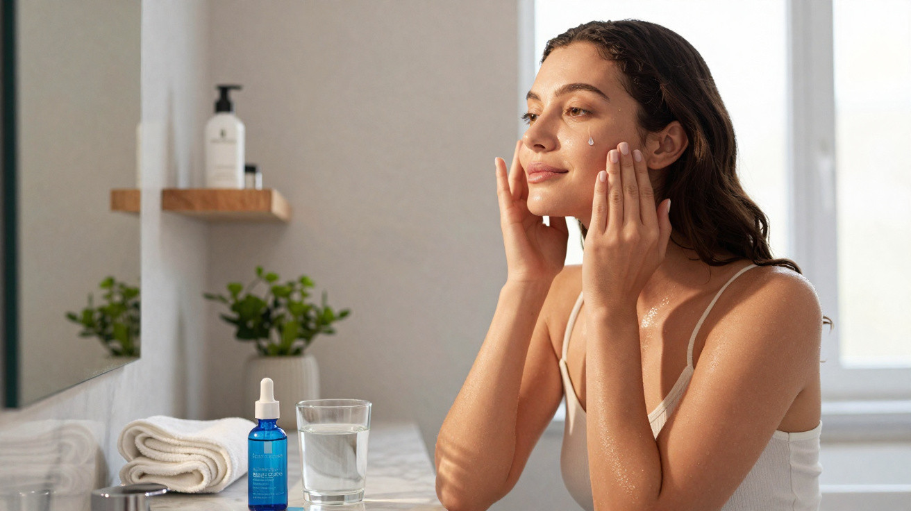 Mulher aplicando serum facial em ambiente iluminado com vidro d’água e toalhas ao fundo.