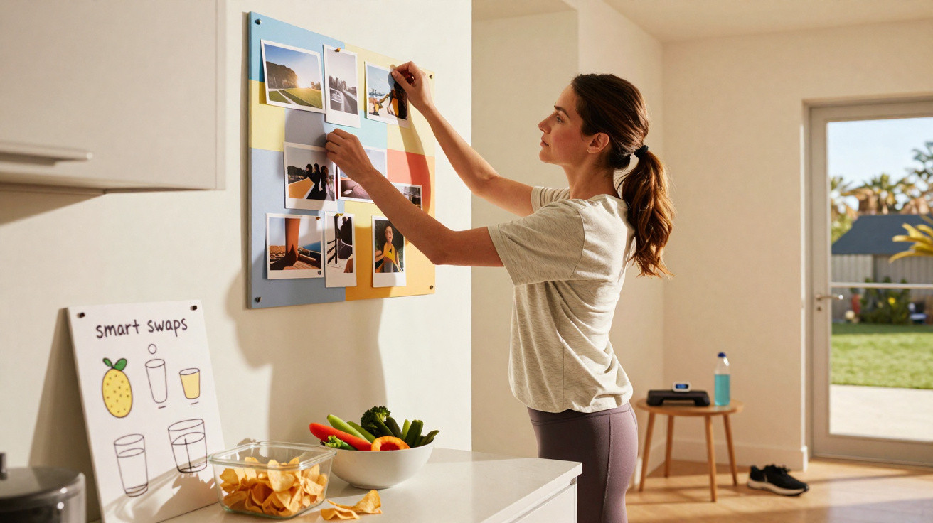 Mulher organizando fotos em quadro magnético em cozinha clara com frutas e petiscos na bancada.