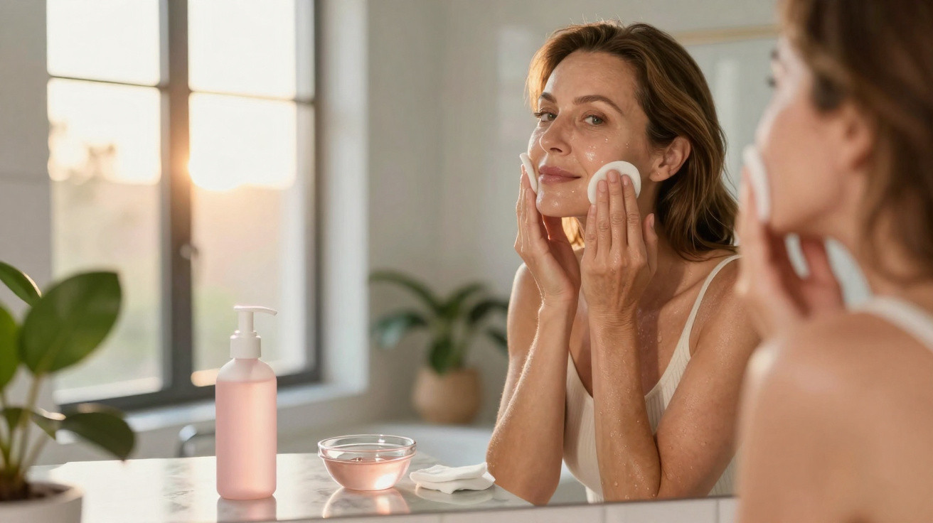 Mulher aplicando produto facial com algodão em frente ao espelho em ambiente iluminado e plantas ao fundo.