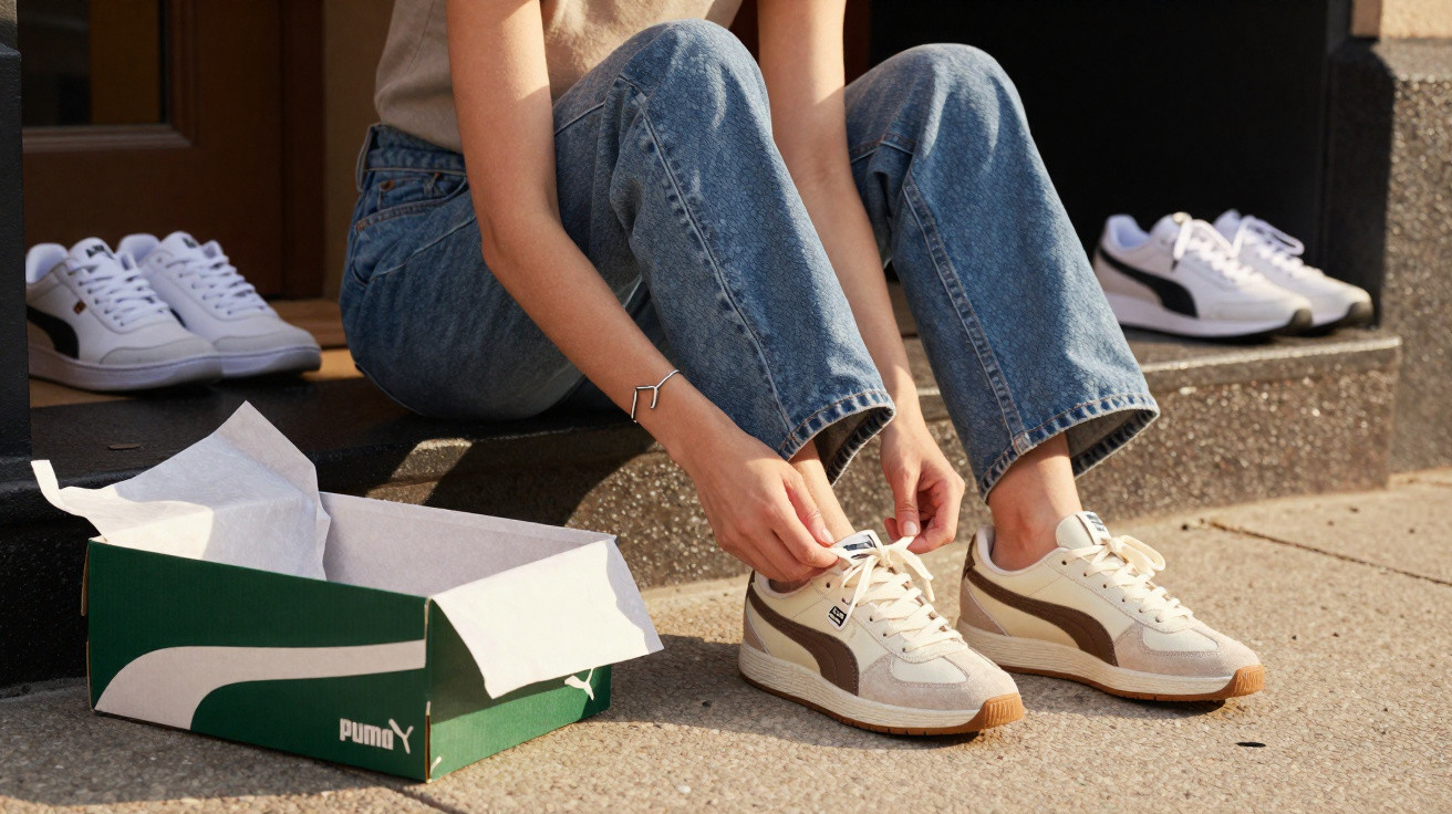 Pessoa sentada amarrando tênis branco com detalhes marrons ao lado de caixa verde da Puma e outros dois pares de tênis.