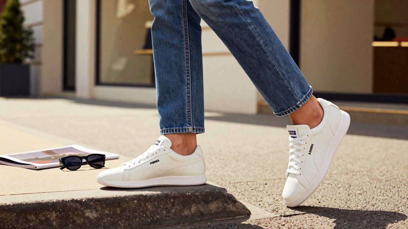 Pessoa usando tênis branco Puma e calça jeans na calçada, próximo a óculos escuros e revista.