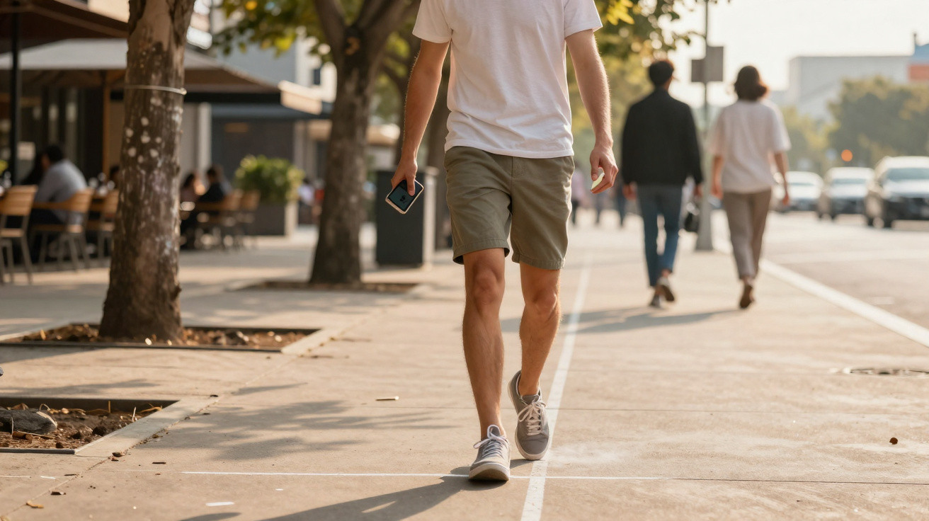 Pessoa vestindo camiseta branca e bermuda caminhando em calçada urbana com celular na mão.