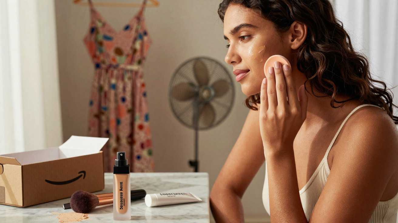 Mulher aplica base no rosto usando esponja em ambiente com mesa, produtos de maquiagem e vestido ao fundo.