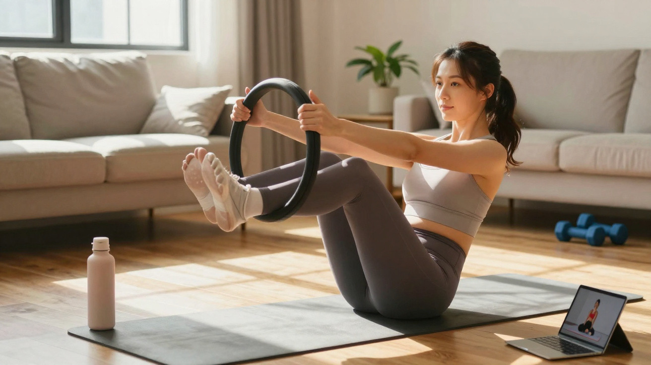 Mulher praticando Pilates com círculo mágico em sala iluminada, com tapete, garrafa e laptop.