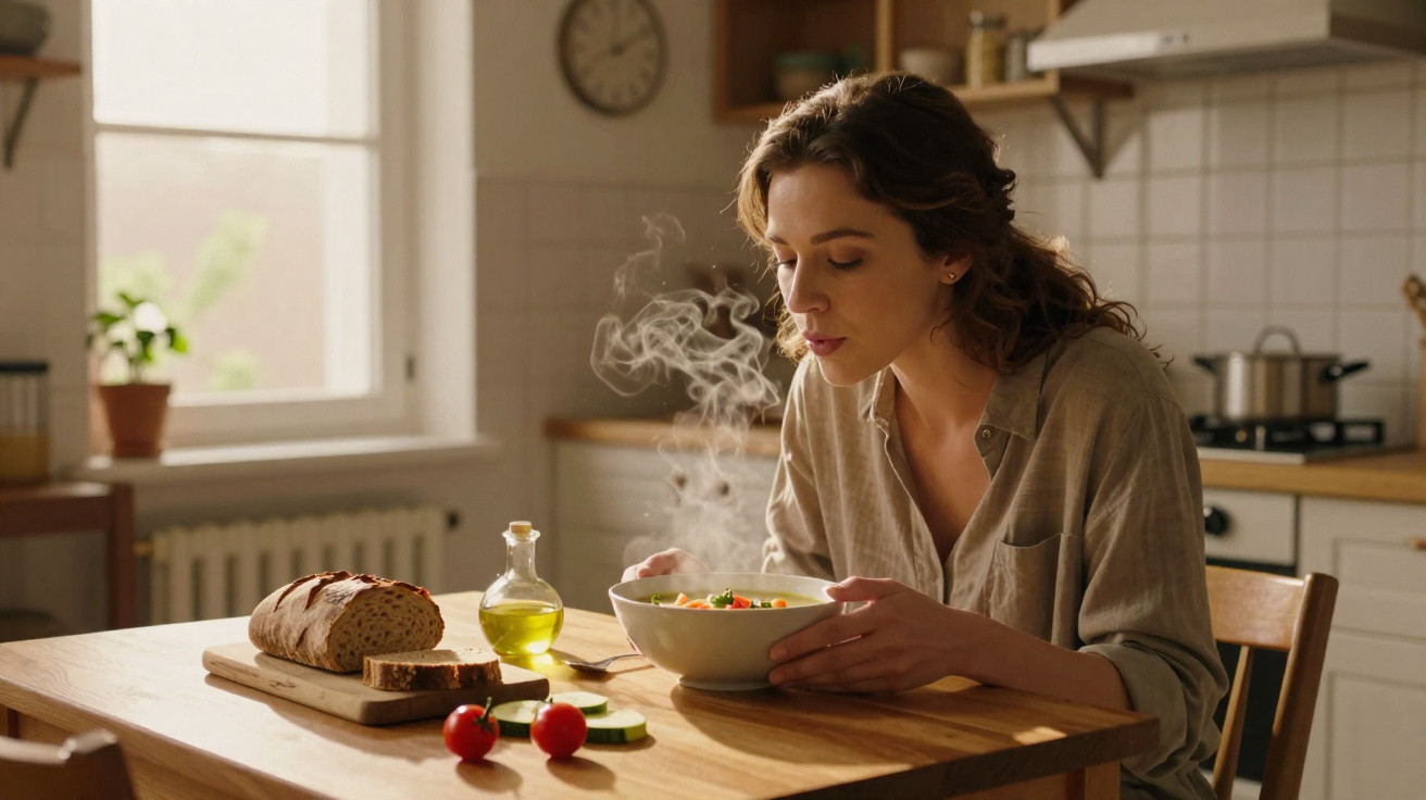 Mulher cheirando sopa quente em uma cozinha iluminada com pão e vegetais na mesa de madeira.