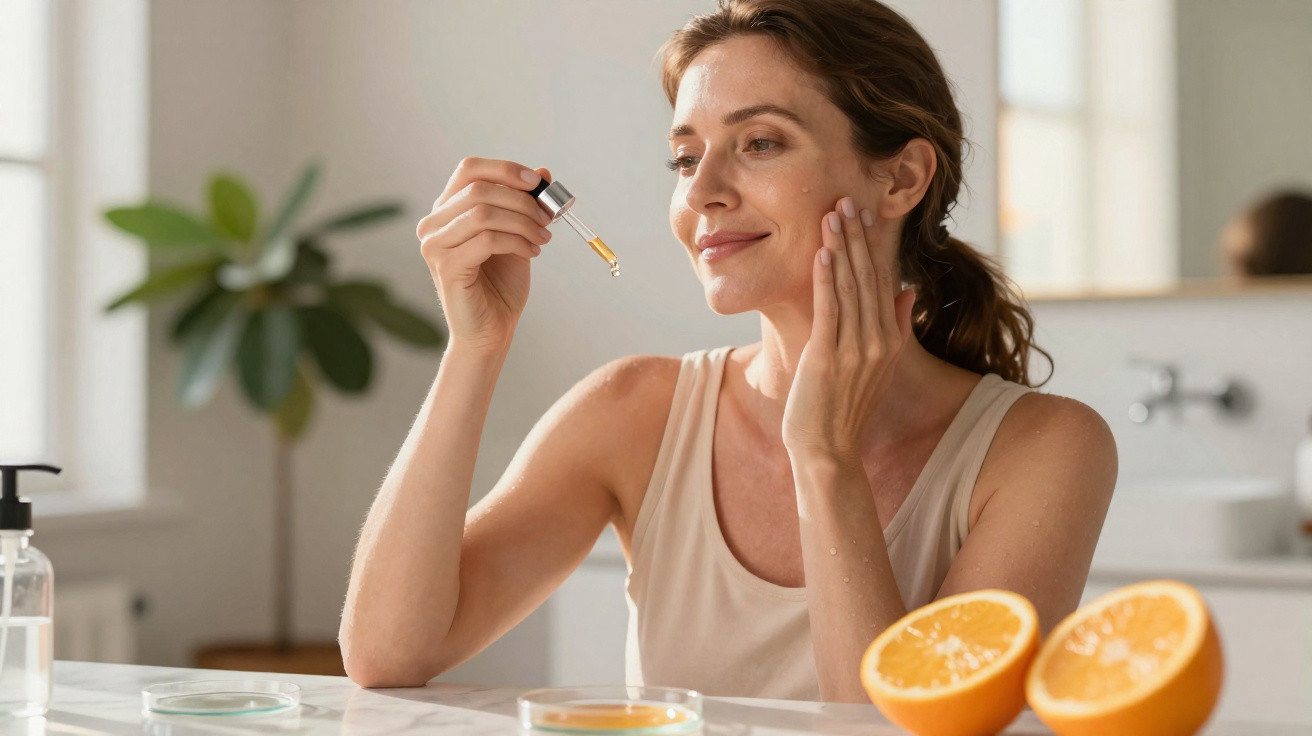 Mulher aplicando sérum facial em ambiente iluminado com meia laranja e folhas ao fundo.