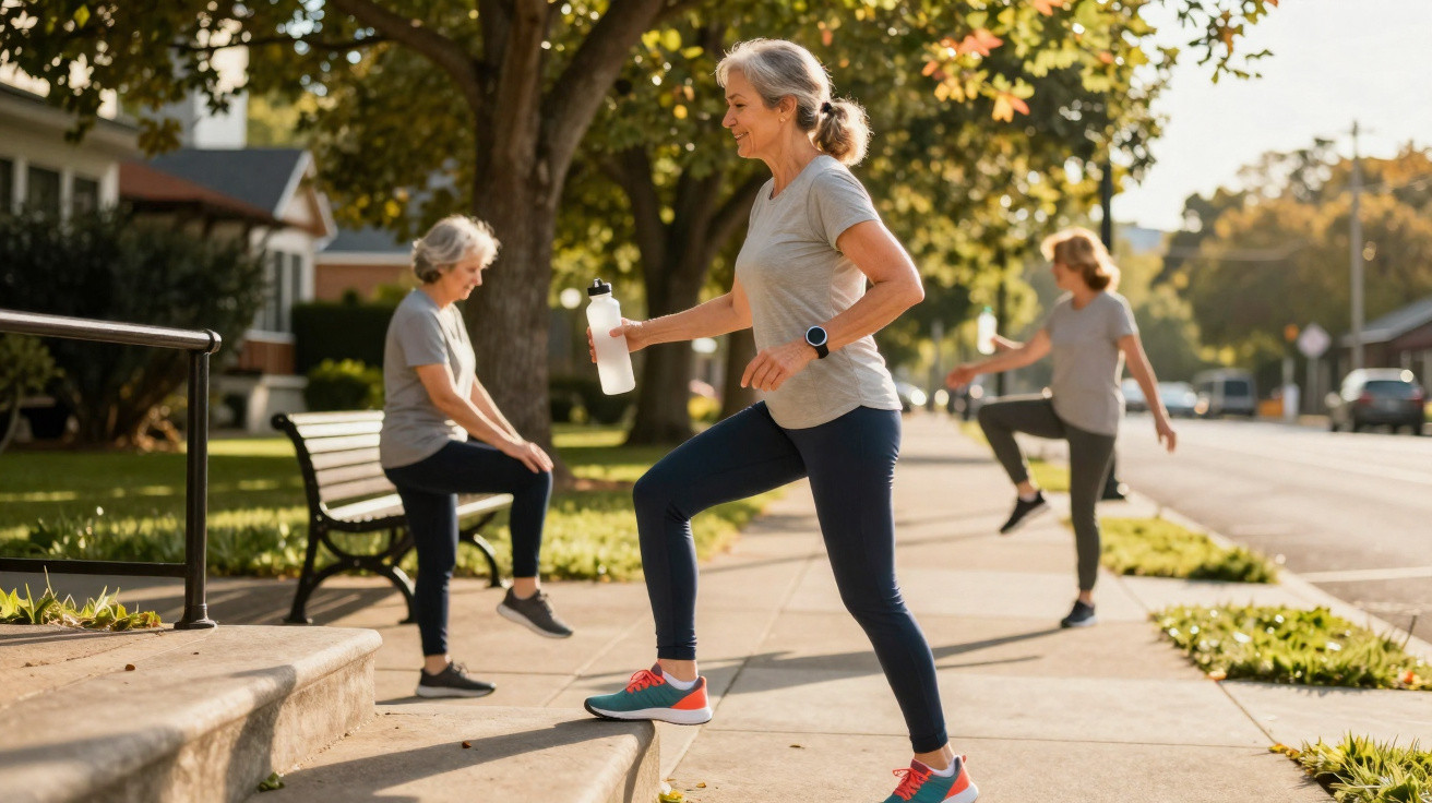 Mulheres praticando exercícios ao ar livre em calçada residencial, uma sobe degrau com garrafa d'água.