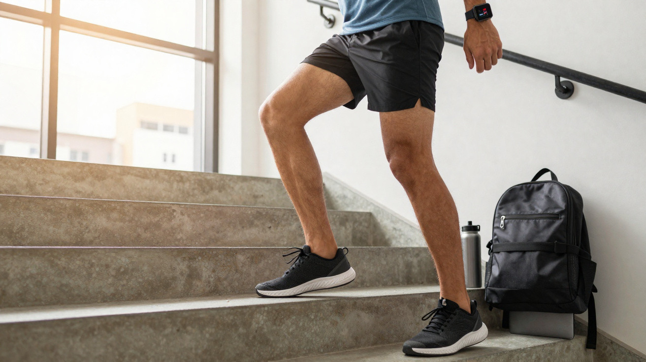 Pessoa subindo escada interna com mochila preta e garrafa ao lado, usando tênis e roupa esportiva.