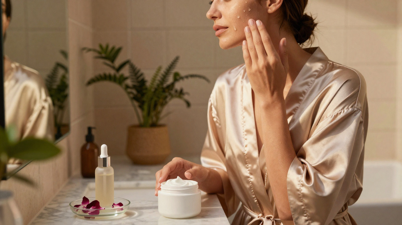 Mulher aplicando creme no rosto em banheiro, vestindo robe de cetim bege, com planta ao fundo.