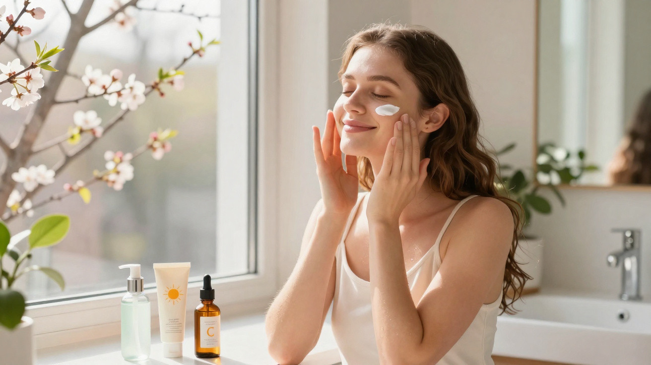 Mulher aplicando creme facial com olhos fechados ao lado de produtos de skincare perto da janela.