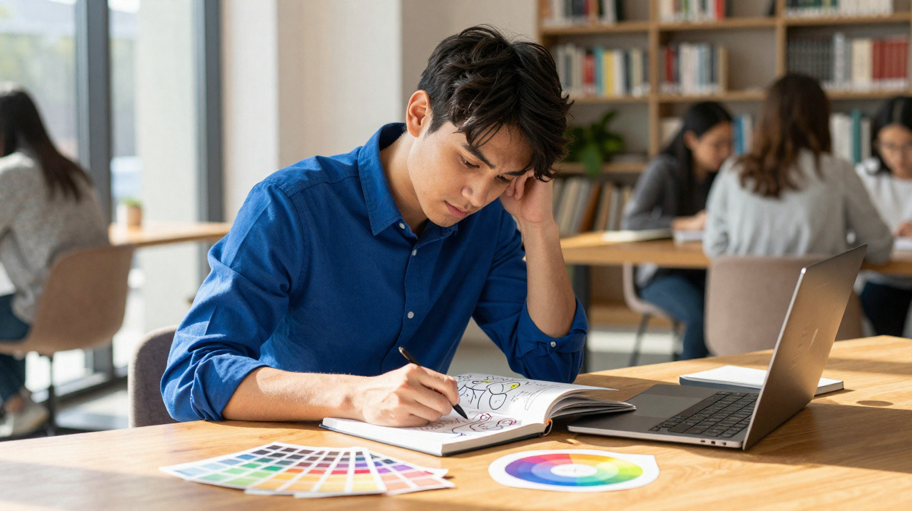 Homem concentrado desenhando e usando laptop em ambiente de trabalho compartilhado com amostras de cores.