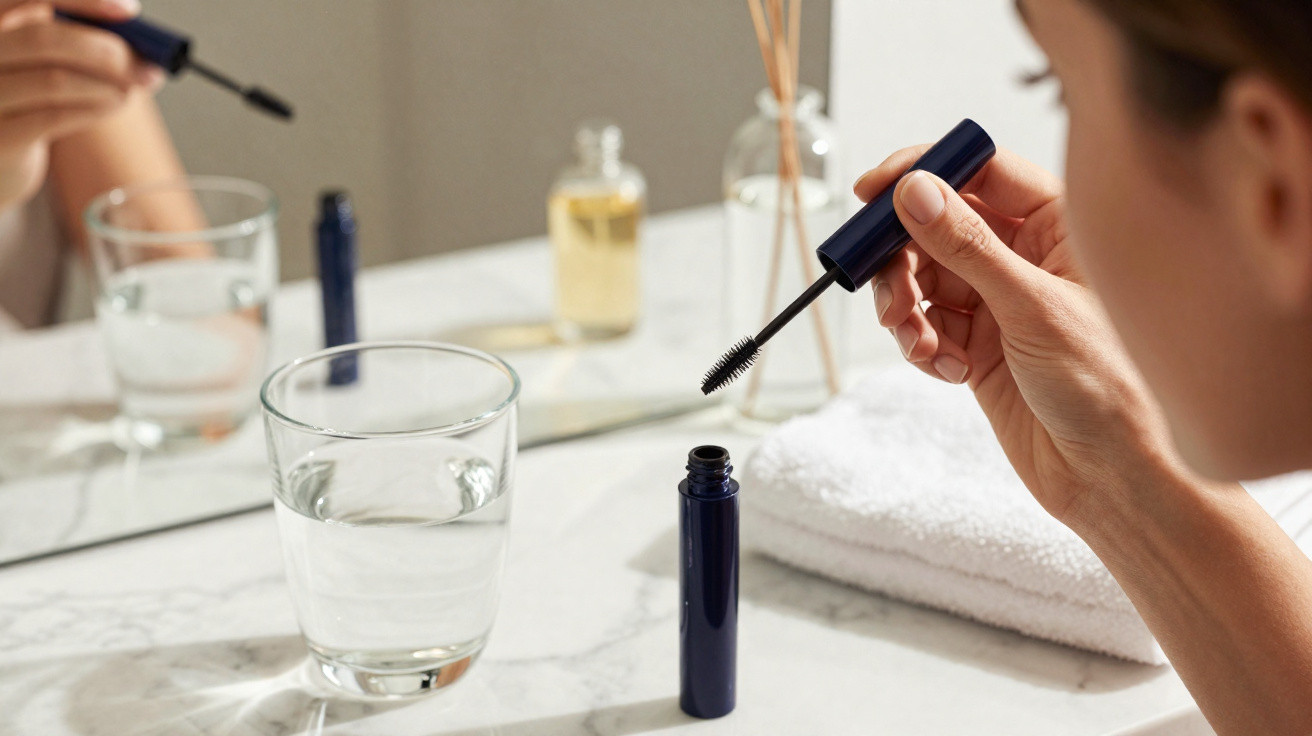 Pessoa segurando aplicador de rímel azul próximo a espelho, toalha branca e copo d'água sobre bancada.