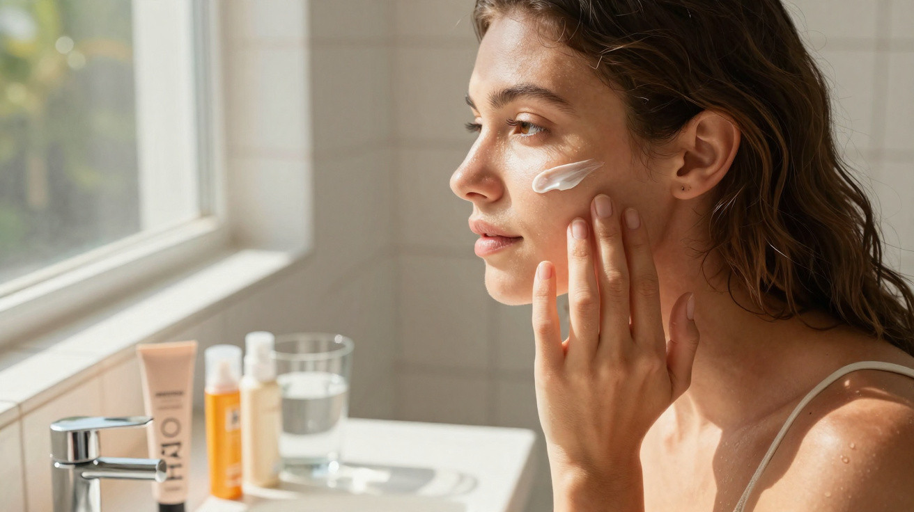 Mulher aplicando creme no rosto em banheiro iluminado por luz natural, com produtos de skincare ao fundo.
