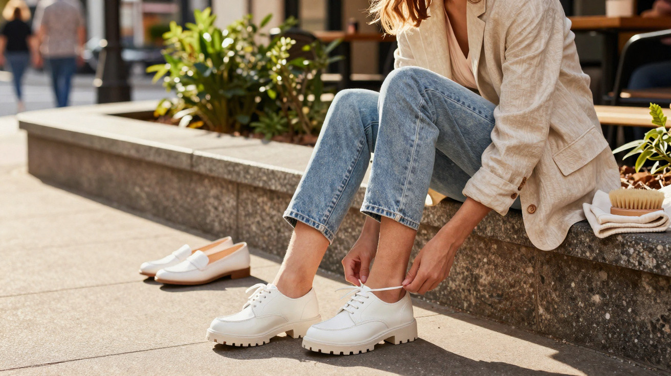 Mulher sentada amarrando tênis branco, com sapatos sociais ao lado, em calçada ensolarada urbana.