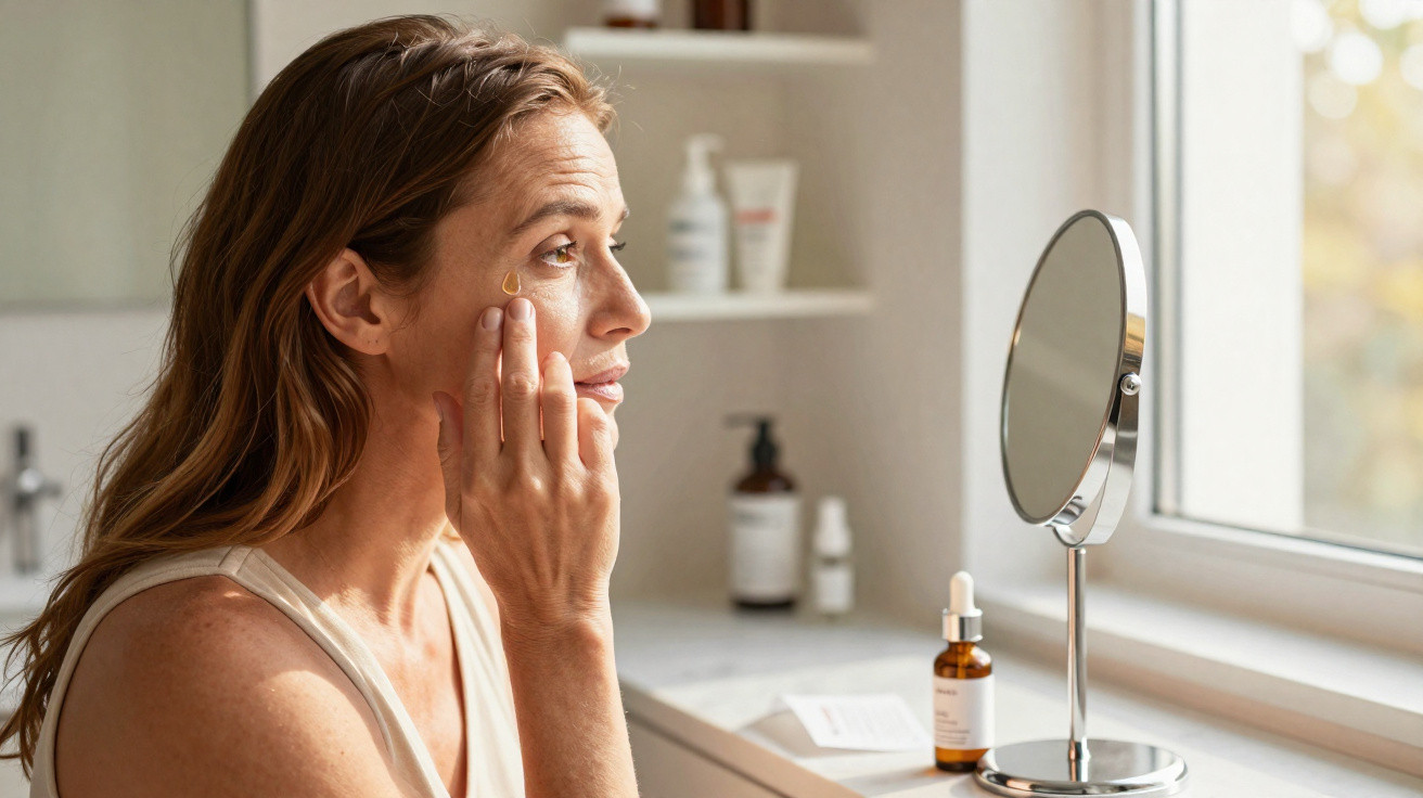 Mulher aplicando creme facial perto de espelho em ambiente iluminado com janela ao lado.