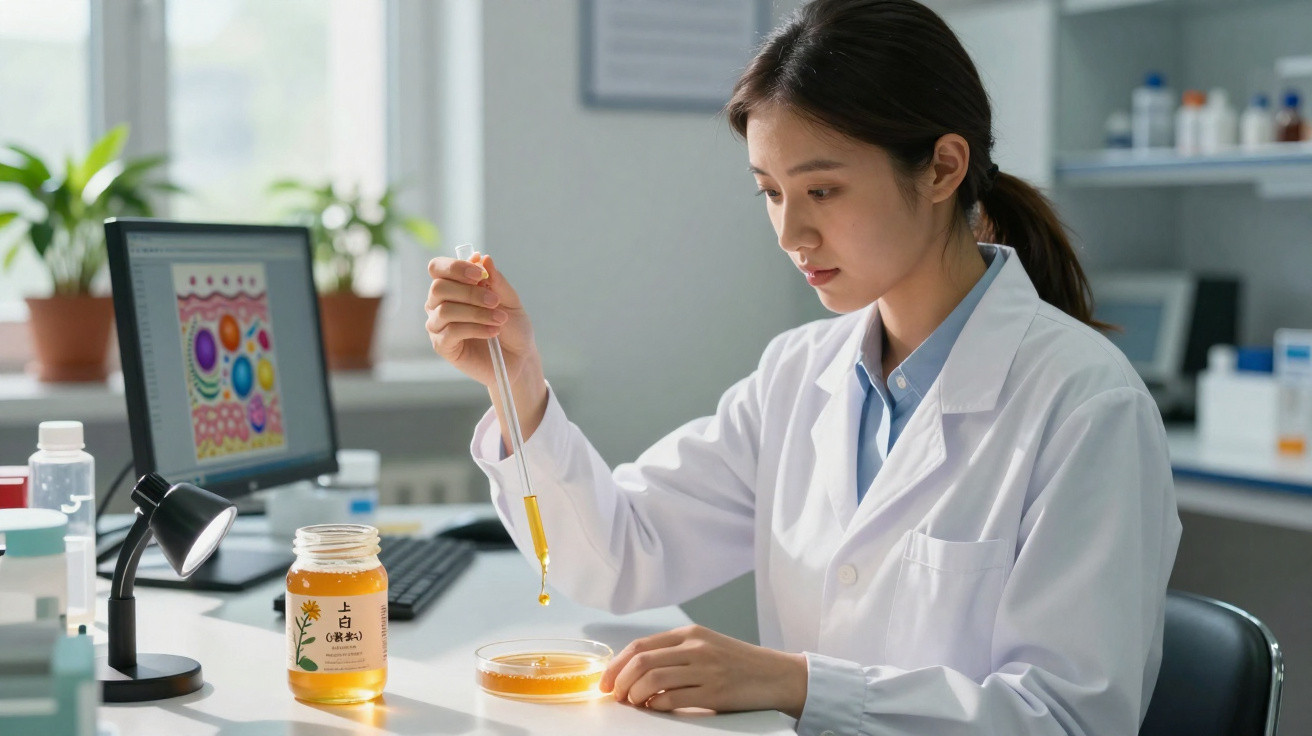 Pesquisadora em laboratório usando pipeta para transferir líquido amarelo em placa de Petri.