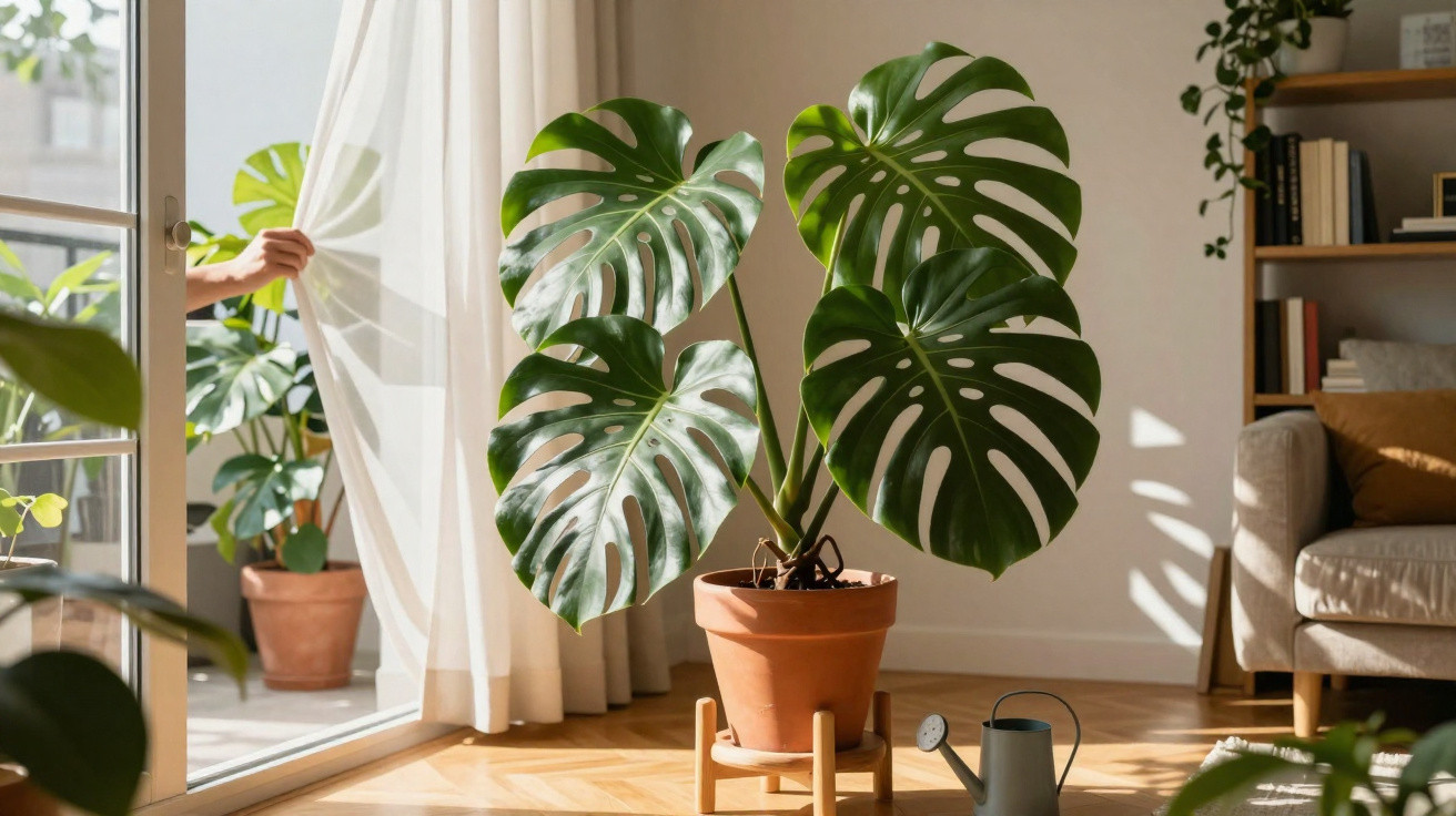 Planta monstera em vaso de cerâmica em suporte de madeira próximo a janela com cortina branca em sala iluminada.