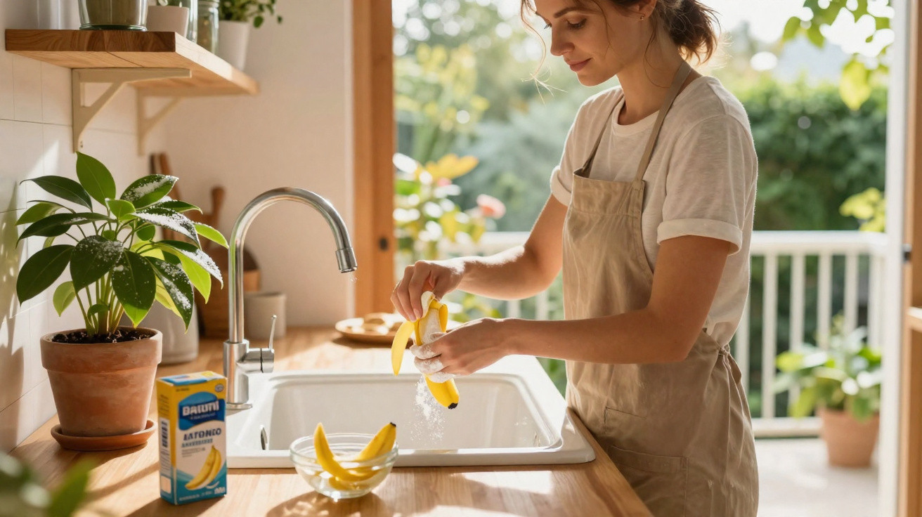 Mulher descascando banana na cozinha com luz natural, plantas e bancada de madeira.