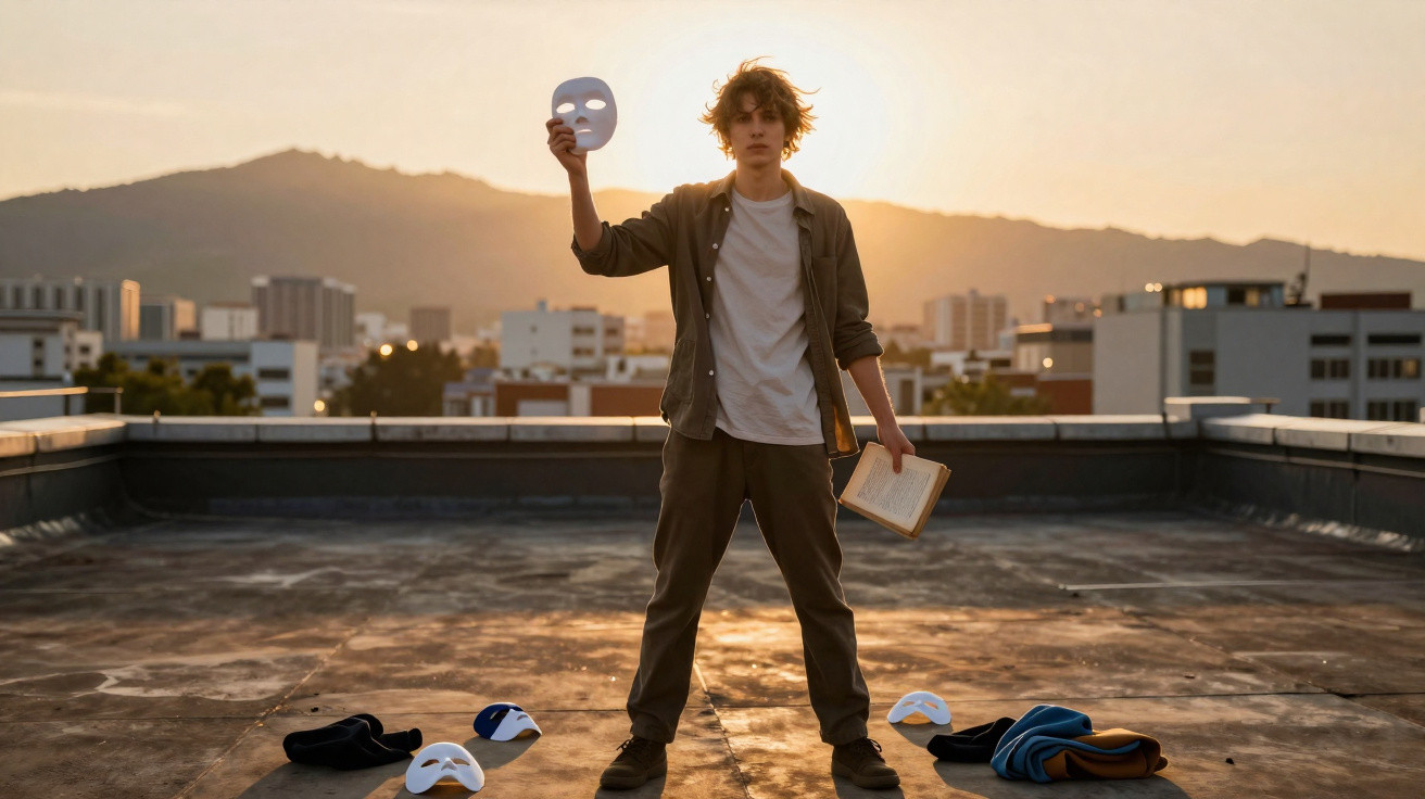 Jovem em telhado ao pôr do sol segurando uma máscara branca e um livro, rodeado por outras máscaras no chão.
