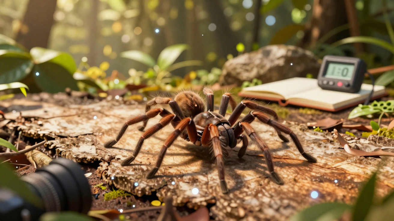 Aranha tarântula em tronco com câmera, livro aberto e temporizador em ambiente natural iluminado.