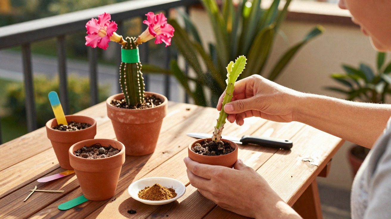 Pessoa transplantando muda de cacto em vaso de cerâmica em mesa de madeira com outros vasos e pó de adubo.