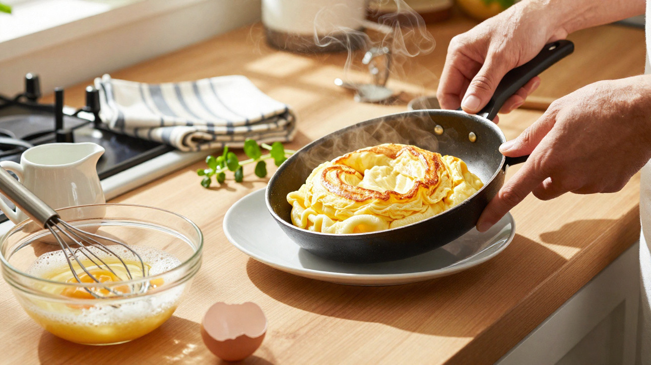 Mãos seguram frigideira com omelete quente fumegante sobre prato em cozinha iluminada.