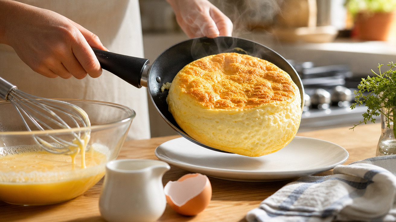 Pessoa colocando omelete fofinho e dourado em prato branco na cozinha iluminada.