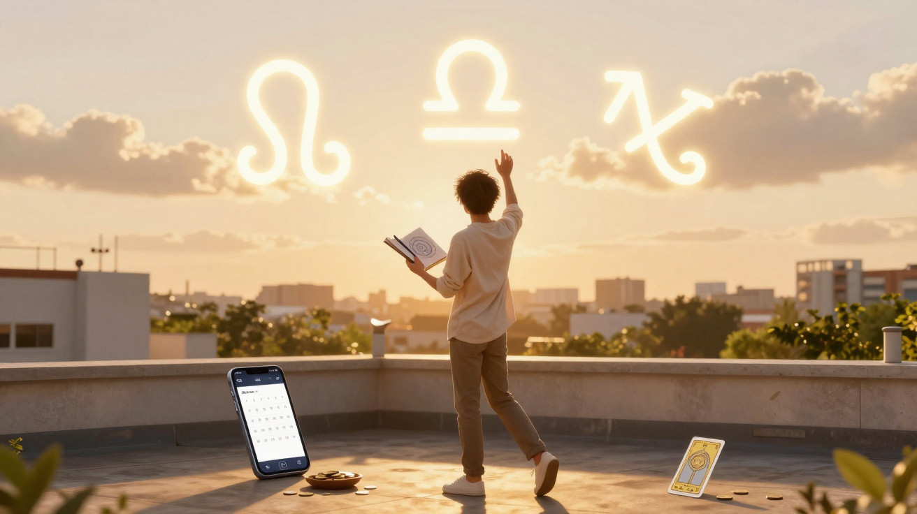 Pessoa de costas em terraço com livro, tocando símbolos astrológicos brilhantes ao pôr do sol.