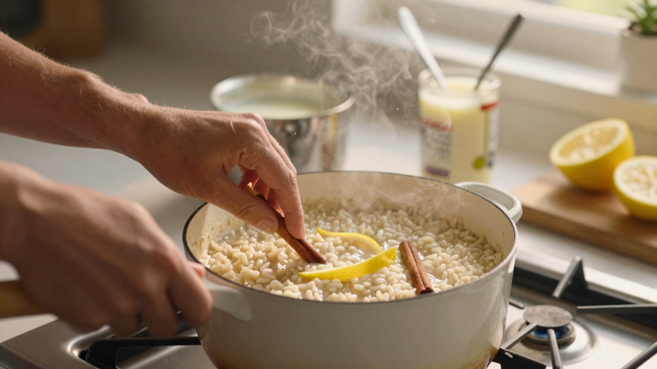 Pessoa adiciona canela e limão em panela com arroz doce fervendo no fogão a gás.