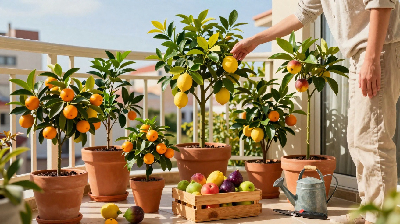 Pessoa cuidando de plantas cítricas em vasos com frutas em varanda ensolarada.