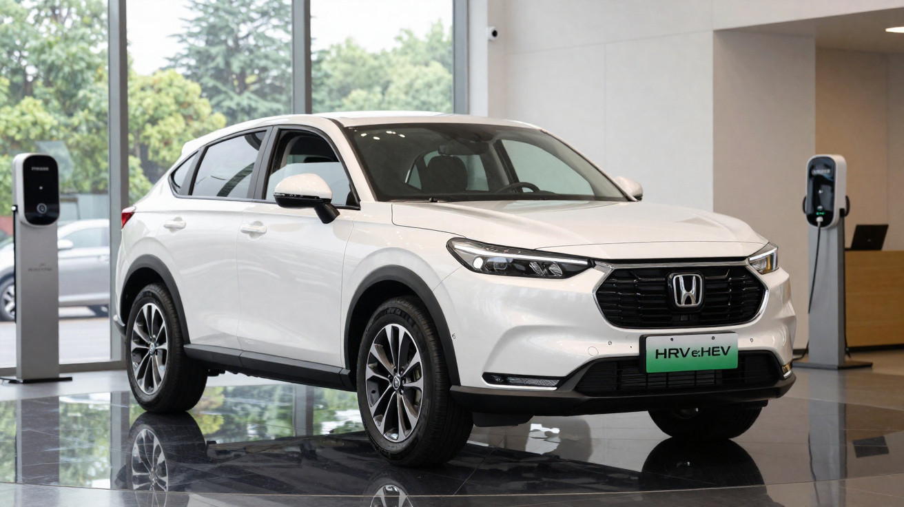 Carro SUV elétrico branco Honda HR-V e:HEV exibido em showroom com pontos de carregamento ao fundo.